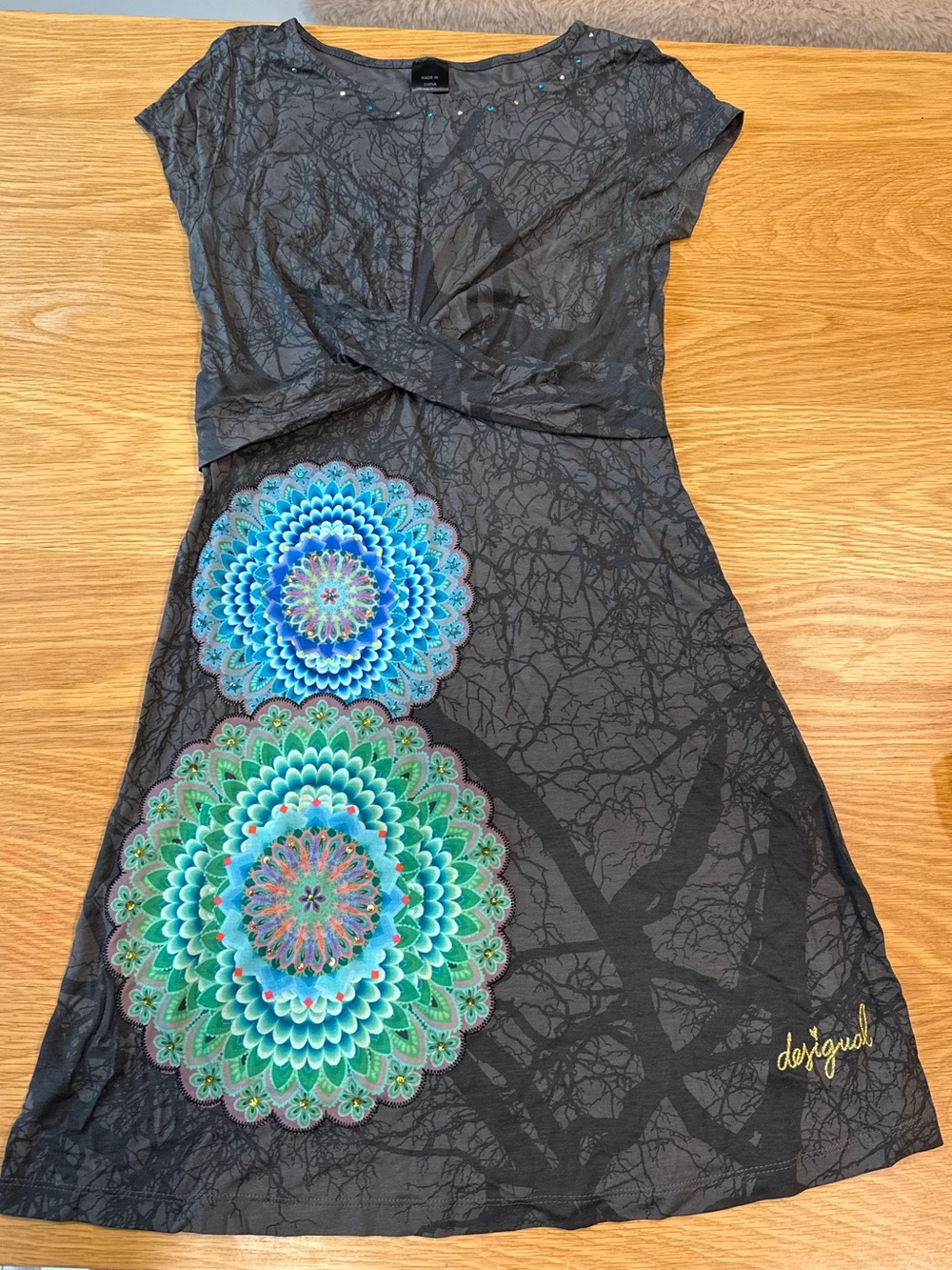 Desigual Black Dress with Blue & Green Mandala Accents